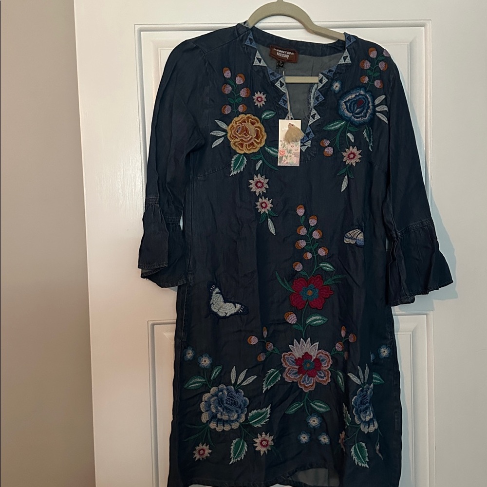 Johnny Was Denim Blue Tunic with Geometric Embroidery